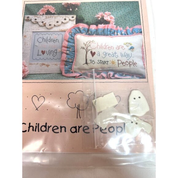 Vintage "Children Are People" Cross Stitch Pattern With Boy & Girl Button Set - Picture 2 of 5